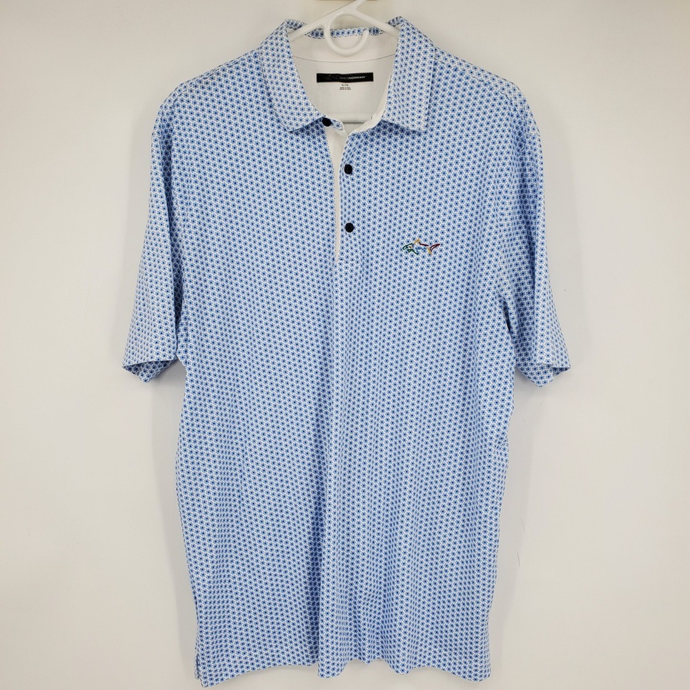 Greg Norman Mens Golf Polo Shirt XL Blue Geometric‎ Shark Logo Short Sleeve Prep